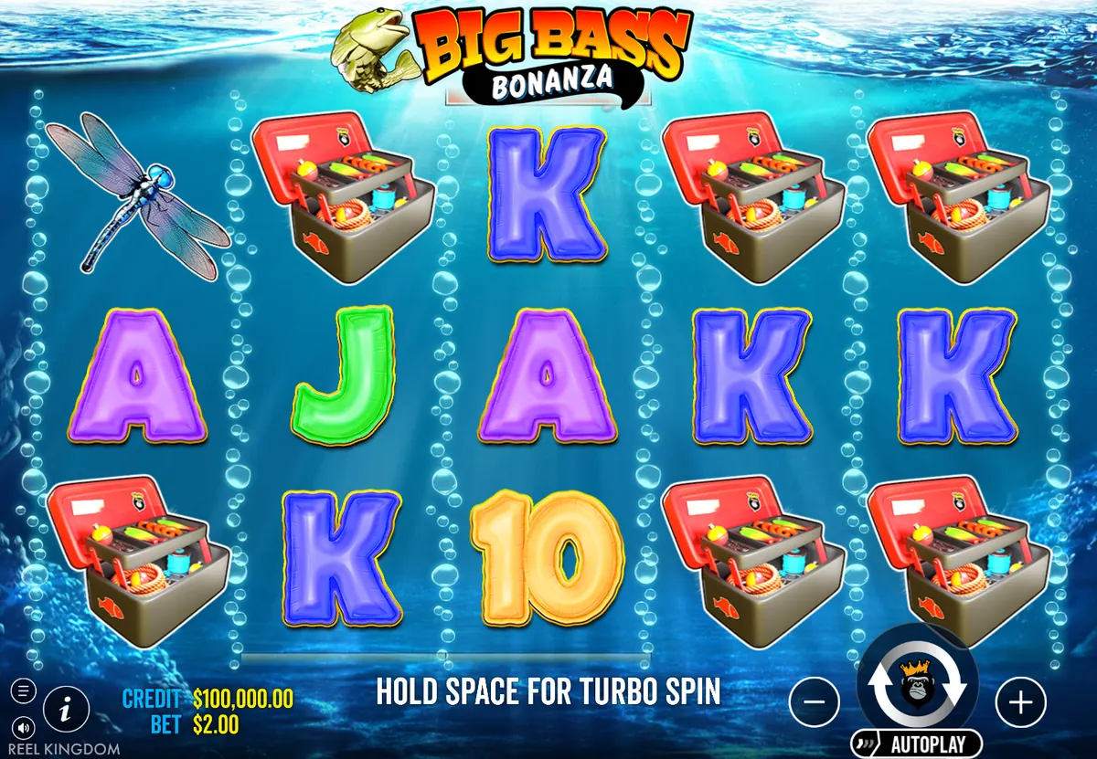 Big Bass Bonanza demo: 5x3 reels with tackle boxes, dragonfly and card symbols, $2 bet