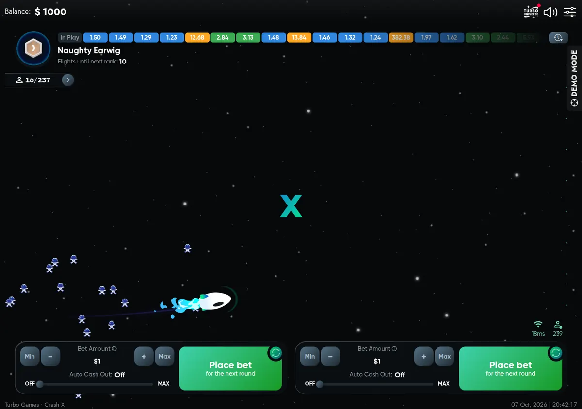 Crash X demo with a rocket in flight, a strip of past multipliers and two bet panels