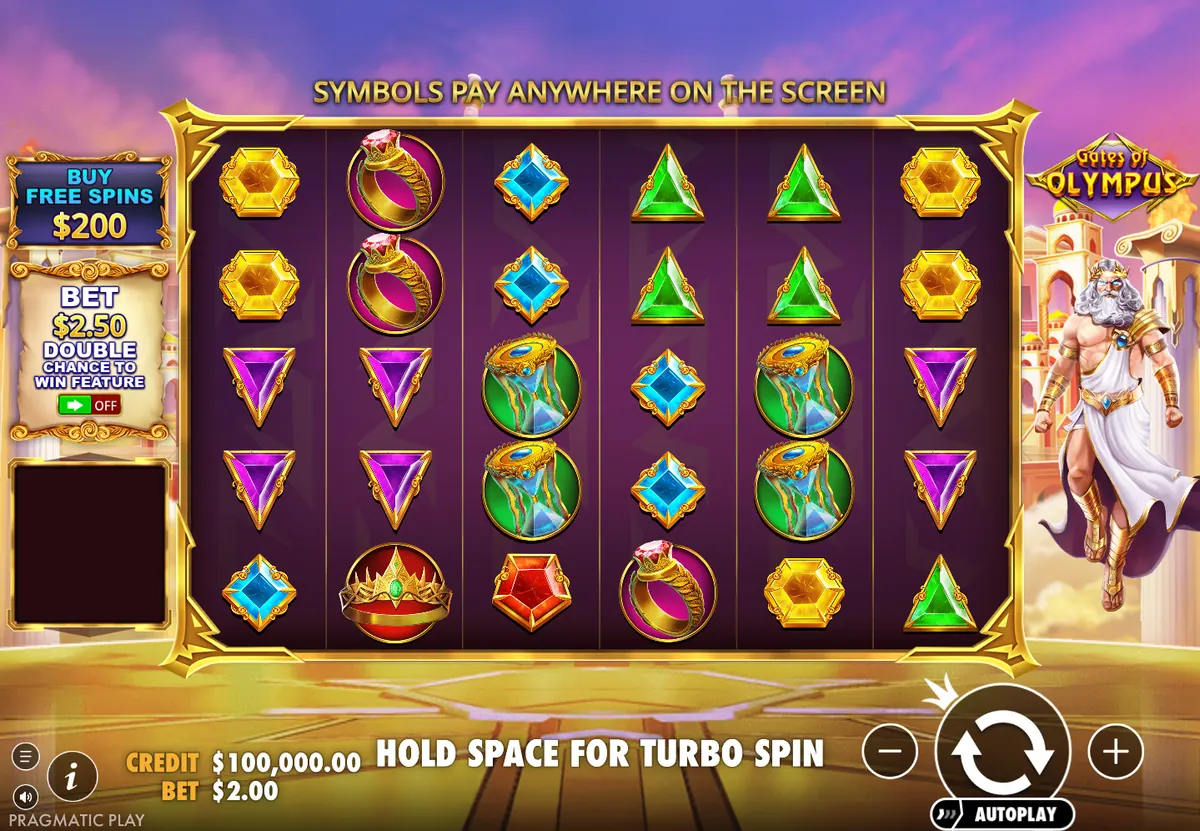 Gates of Olympus demo: 6x5 grid of gems with Zeus beside the reels and Buy Free Spins for $200