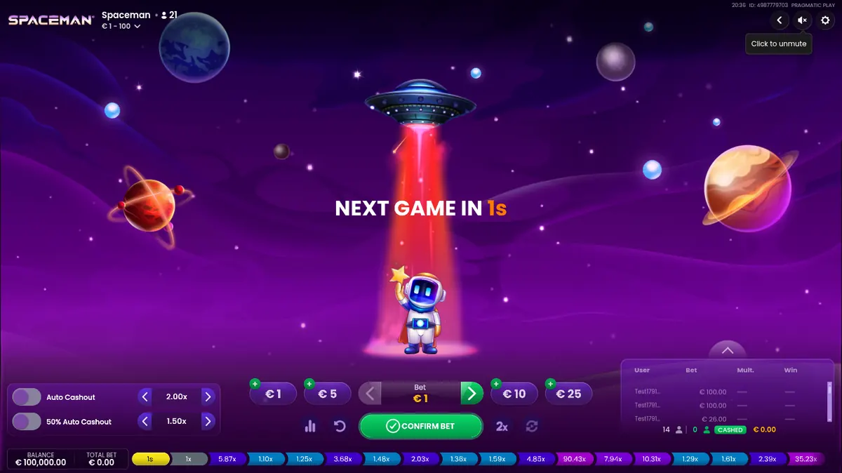 Spaceman demo waiting for the next round, with the astronaut under a flying saucer