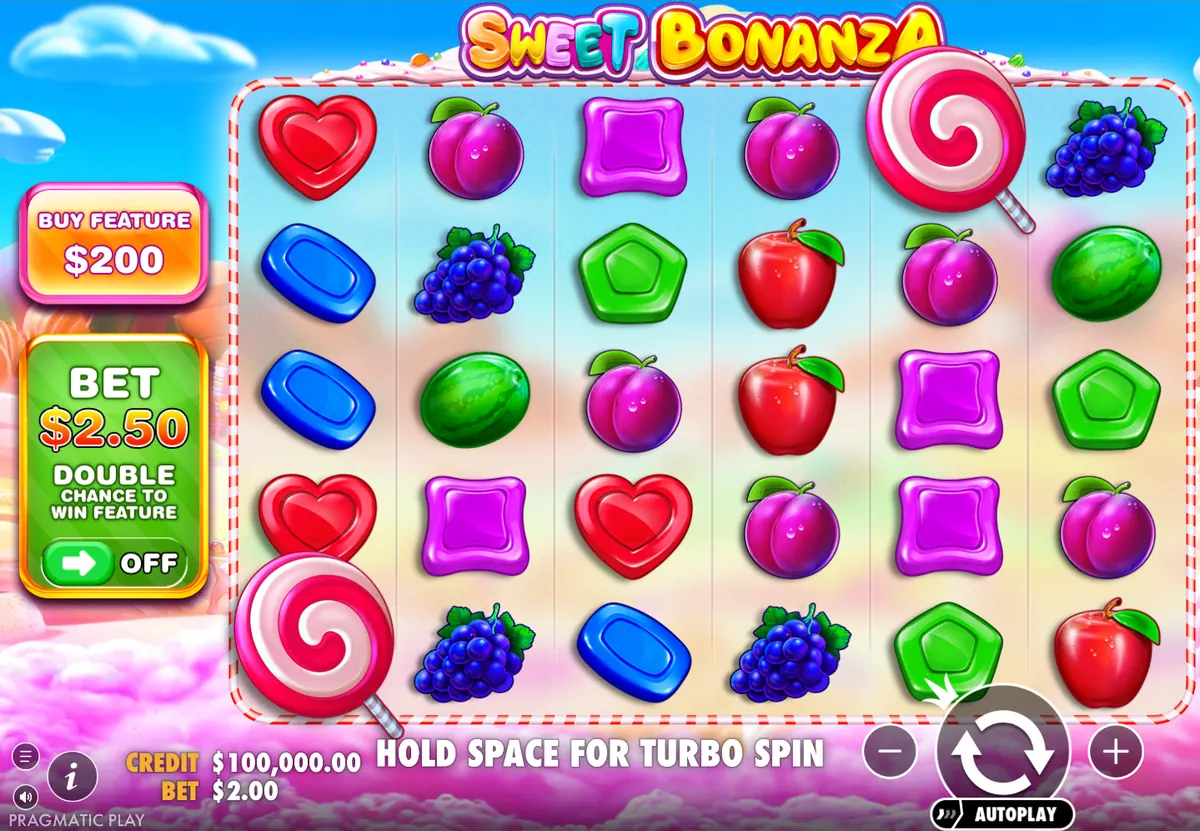 Sweet Bonanza demo: 6x5 grid of fruit and candy symbols with Buy Feature for $200 at a $2 bet