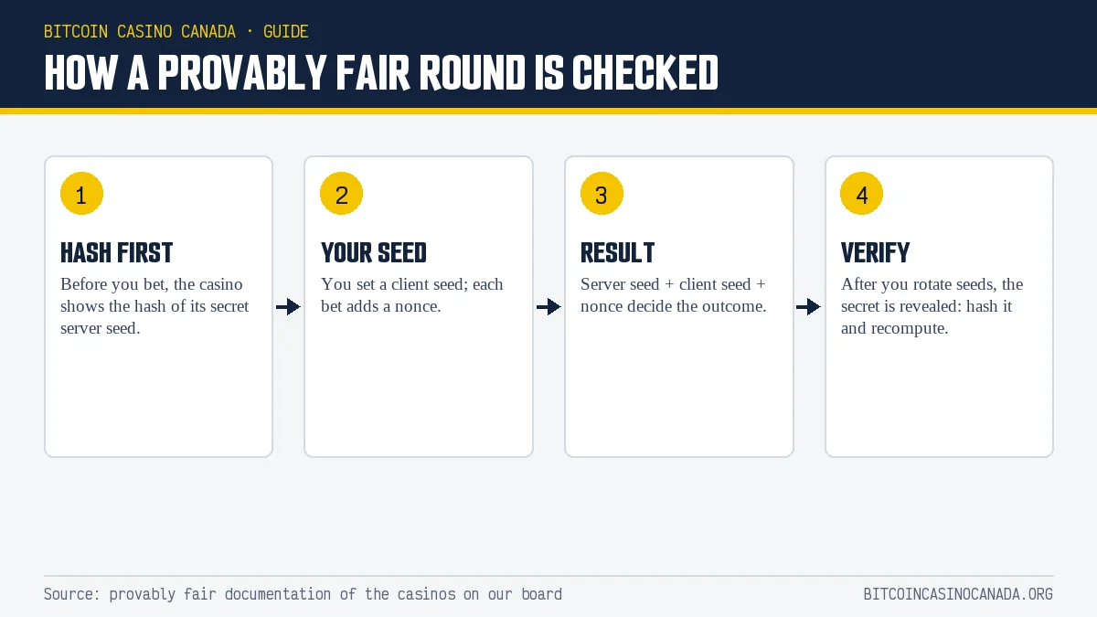 How a provably fair round is checked: hash, client seed, result, verification