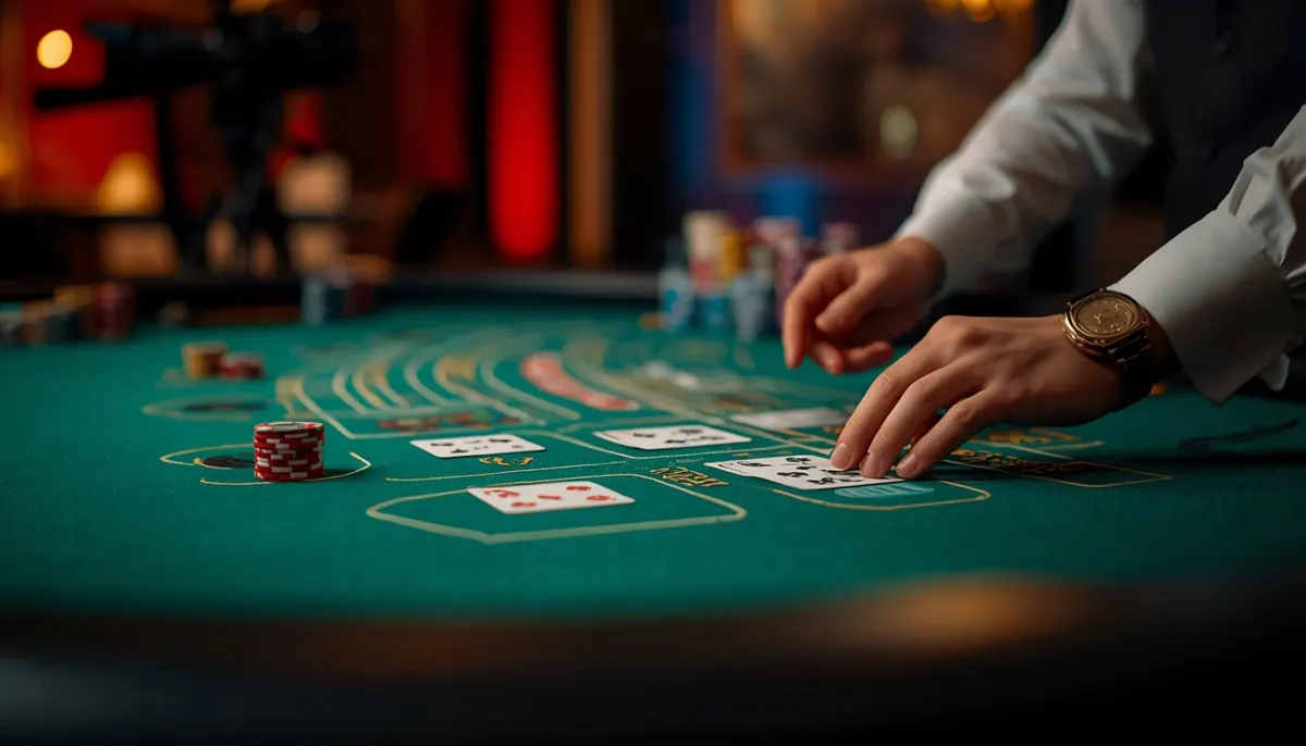 Cards dealt across a green blackjack table at a live studio