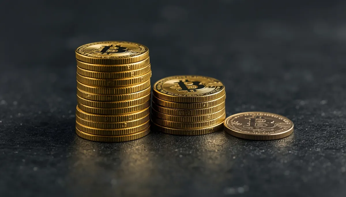 Stacks of gold Bitcoin coins on a dark slate surface