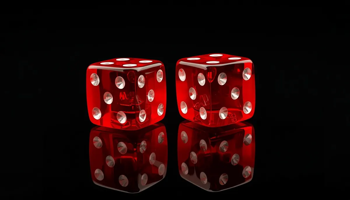 Two red translucent dice on a dark glossy surface