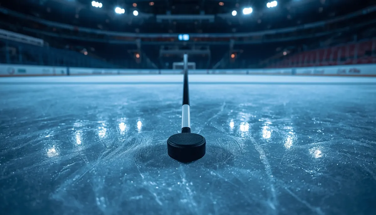 A hockey puck and stick on rink ice under arena lights