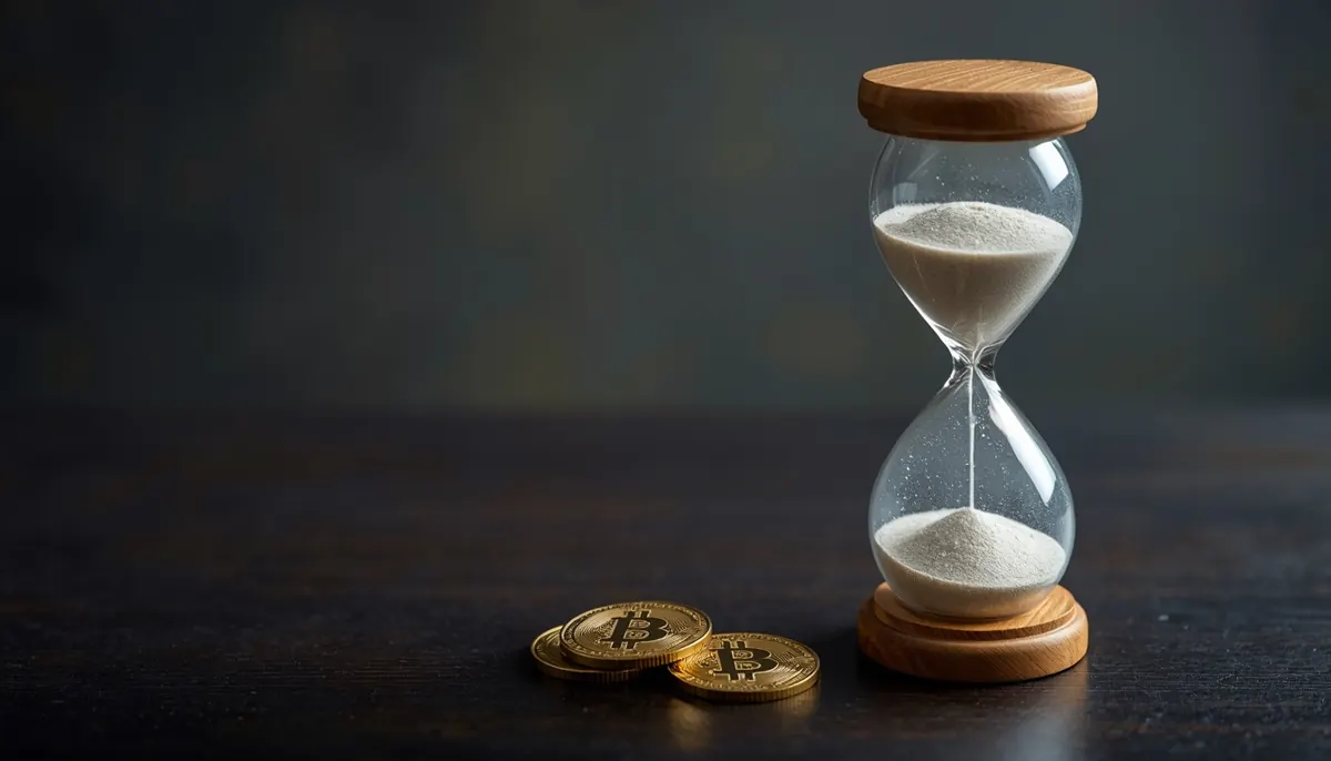 An hourglass next to two gold Bitcoin coins on a dark table