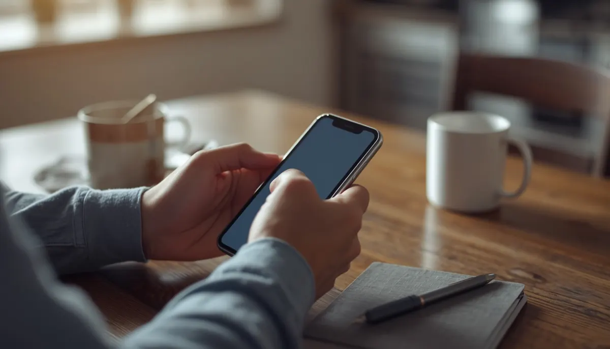 Hands holding a smartphone at a kitchen table during a mobile bank transfer