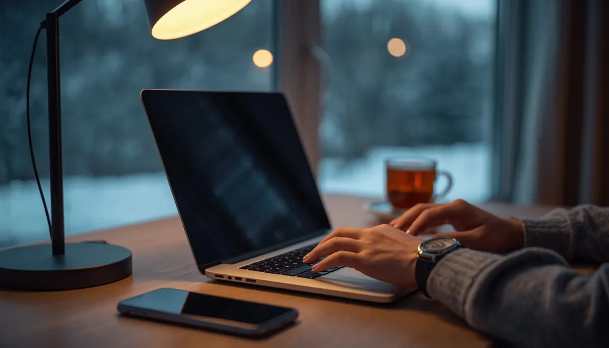 Hands typing on a laptop at a home desk on a winter evening