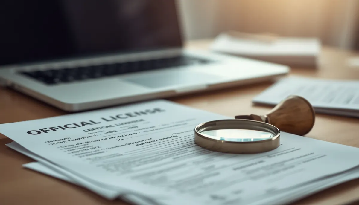 Licence documents with a magnifying glass and a stamp on a desk