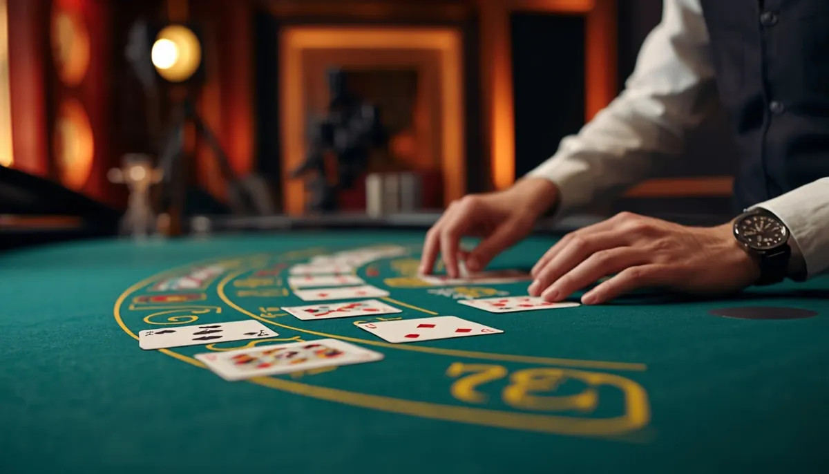 A dealer’s hands dealing cards at a live blackjack table in a studio