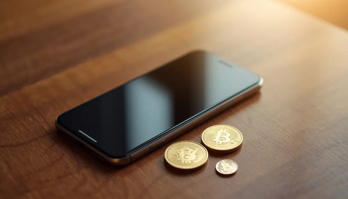 A smartphone on a wooden desk next to gold Bitcoin coins