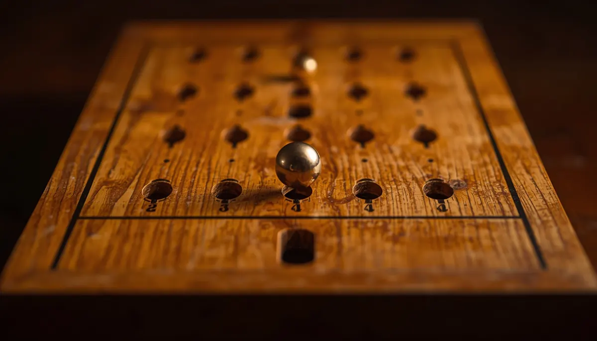 A wooden peg board with a metal ball dropping through