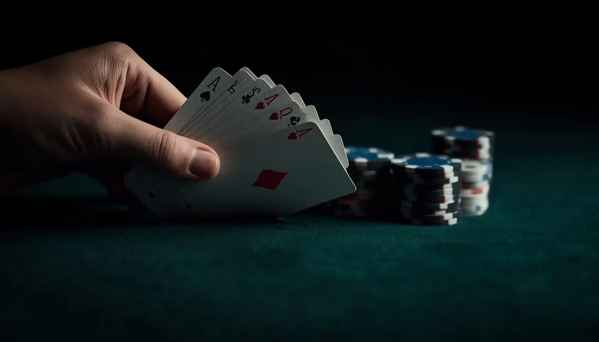 A hand of playing cards next to stacks of casino chips on green felt