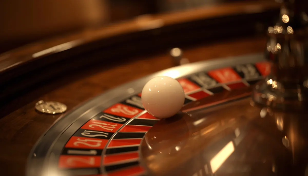 Close-up of a roulette wheel with the ball resting in a pocket