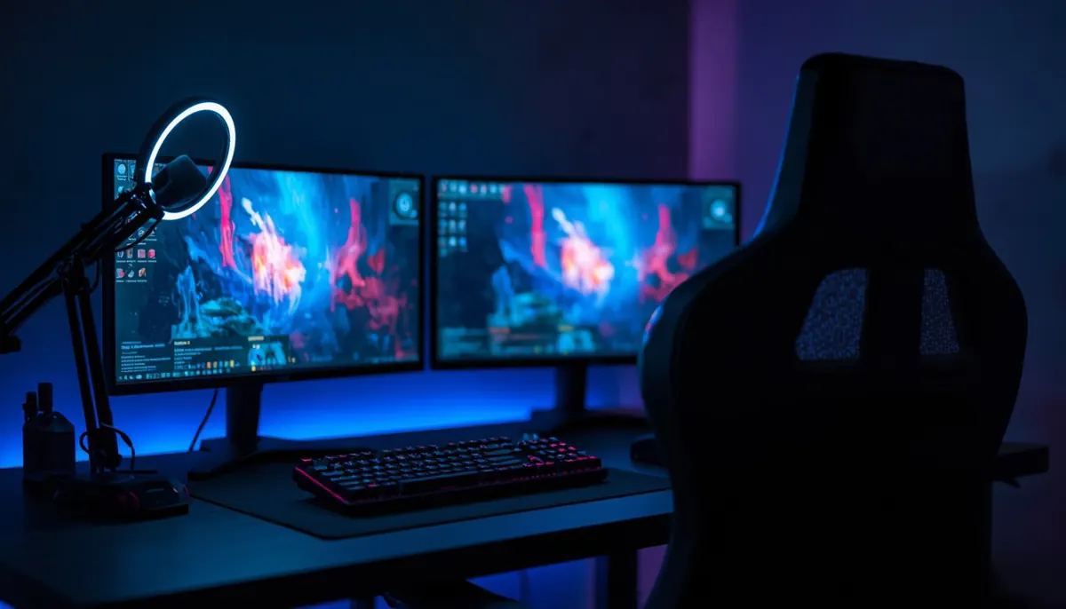 A streaming desk at night with a ring light, microphone and two monitors