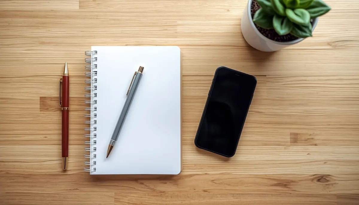 A smartphone, a notebook and pens on a light oak desk, seen from above