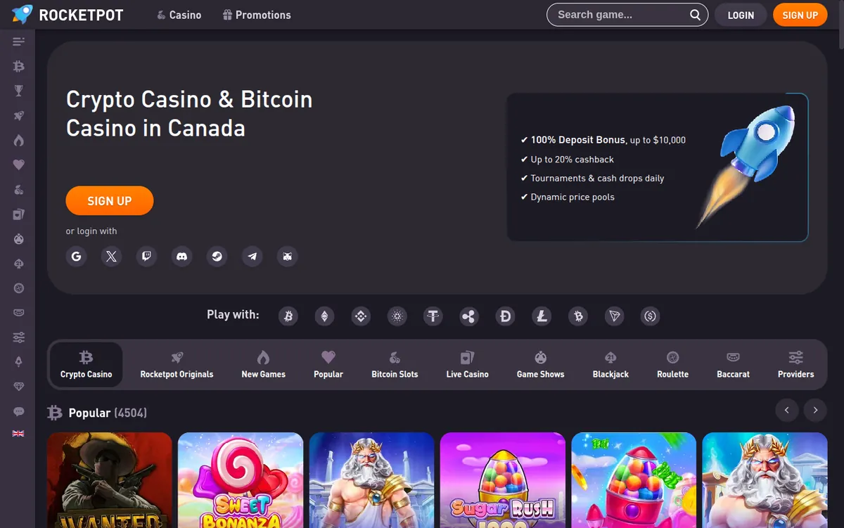 Rocketpot home page with the heading “Crypto Casino & Bitcoin Casino in Canada” and the row of accepted coins